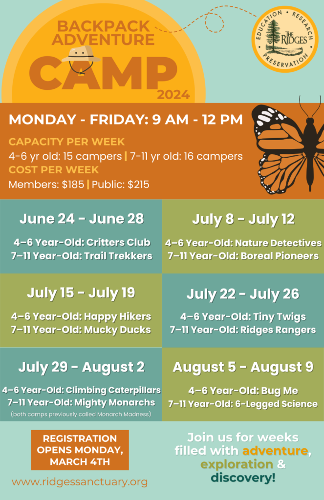 Visual calendar for Backpack Adventure Camp 2024, text content is below.