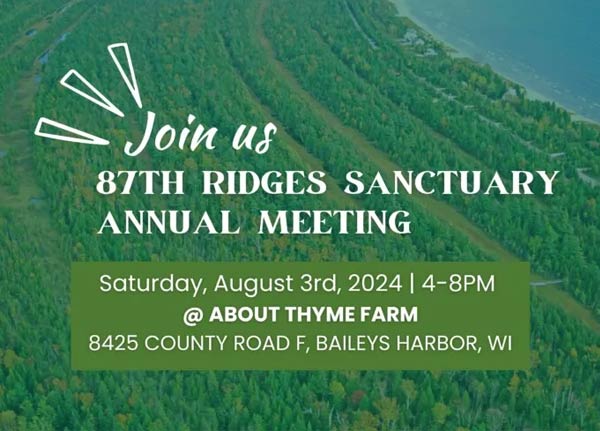 Birds eye view of the harbor. Text reads: Join us 87th Ridges Sanctuary Annual Meeting.